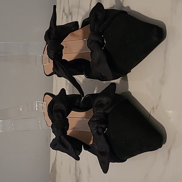 Zara Black Knotted Bow Pointed Toe Slanted Kitten Heels Sandals Shoes Wmns 9 - Picture 3 of 13
